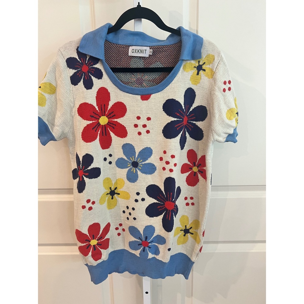 OXKNIT Womens Retro Floral Cotton Knit Short Sleeve Polo Collar Sweater Top Blue